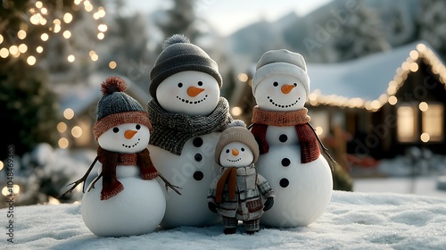 A family of snowmen two adults and a small stand together, each with different scarves and hats. In the background, small cottages with holiday lights add warmth. photo