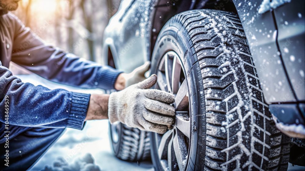 Hands Changing Car Tire in Snowy Winter Weather Hands Changing Car Tire in Snowy Winter Weather