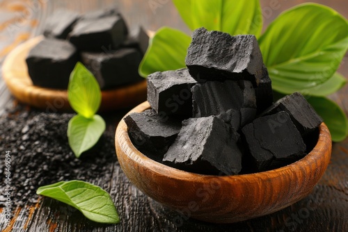 A wooden bowl filled with black charcoal chunks surrounded by green leaves on a wooden surface.

 photo