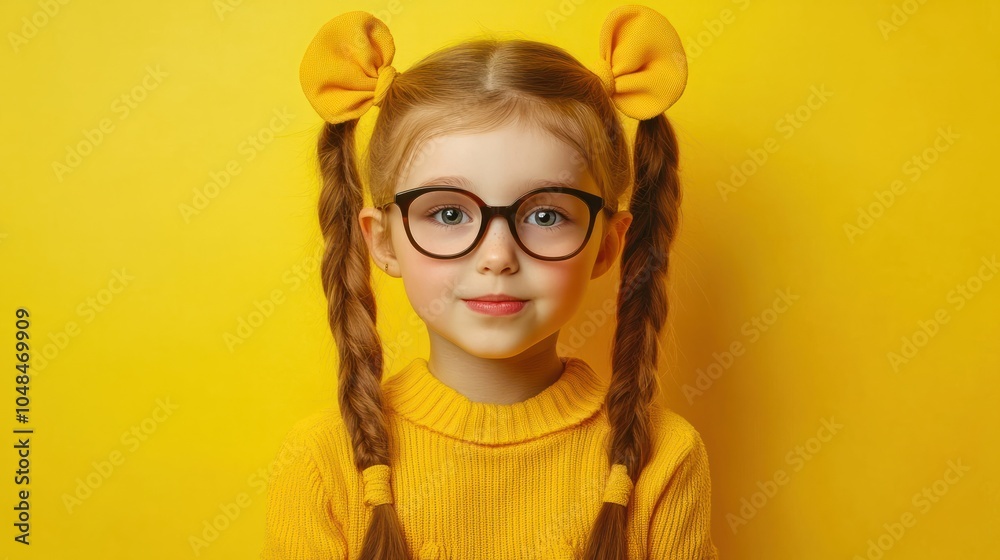 funny child school girl girl on yellow background. . funny child school girl girl on yellow background. .