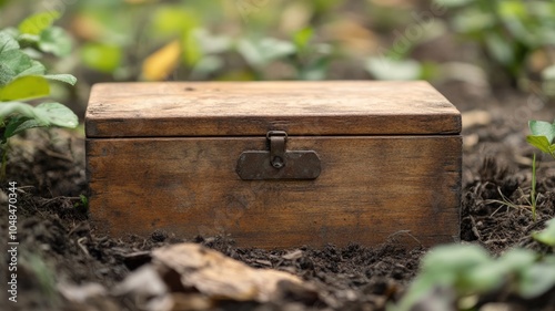 Wooden box with metal latch in garden soil photo