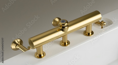 Gold fittings for the bathroom. Unusual faucet in the bathroom. photo