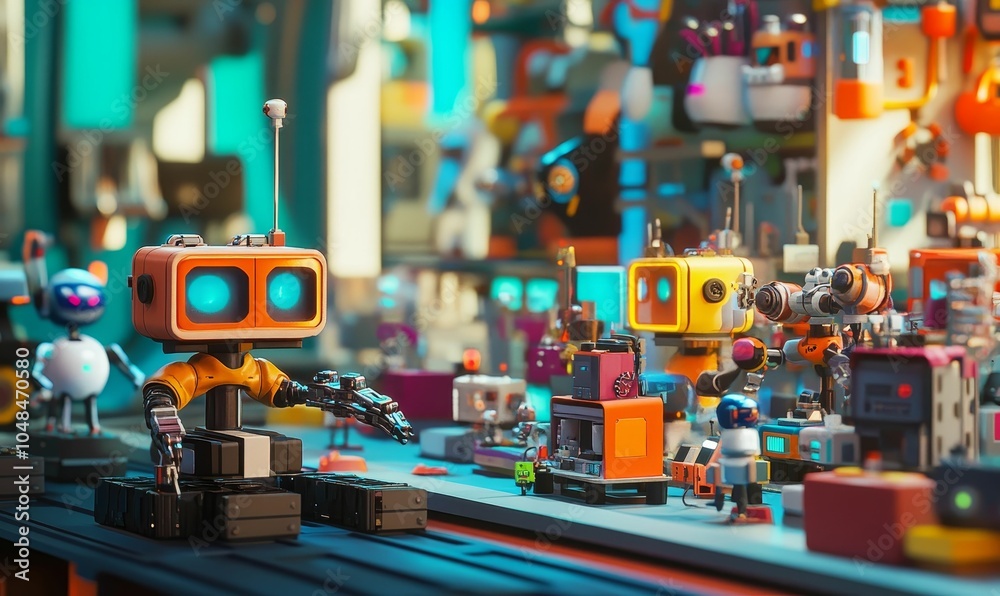 Fototapeta premium Colorful robots working on a factory line.