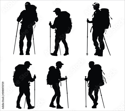 Set of vector hiking silhouettes in various poses. Vector silhouettes of hiking silhouettes. Man hiking in mountains silhouettes vector. Hiker mountain climber silhouette vector