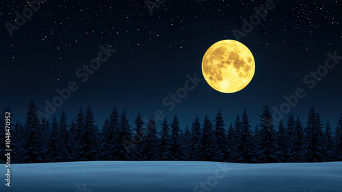 serene winter night features bright full moon illuminating snowy landscape, surrounded by tall evergreen trees under starry sky