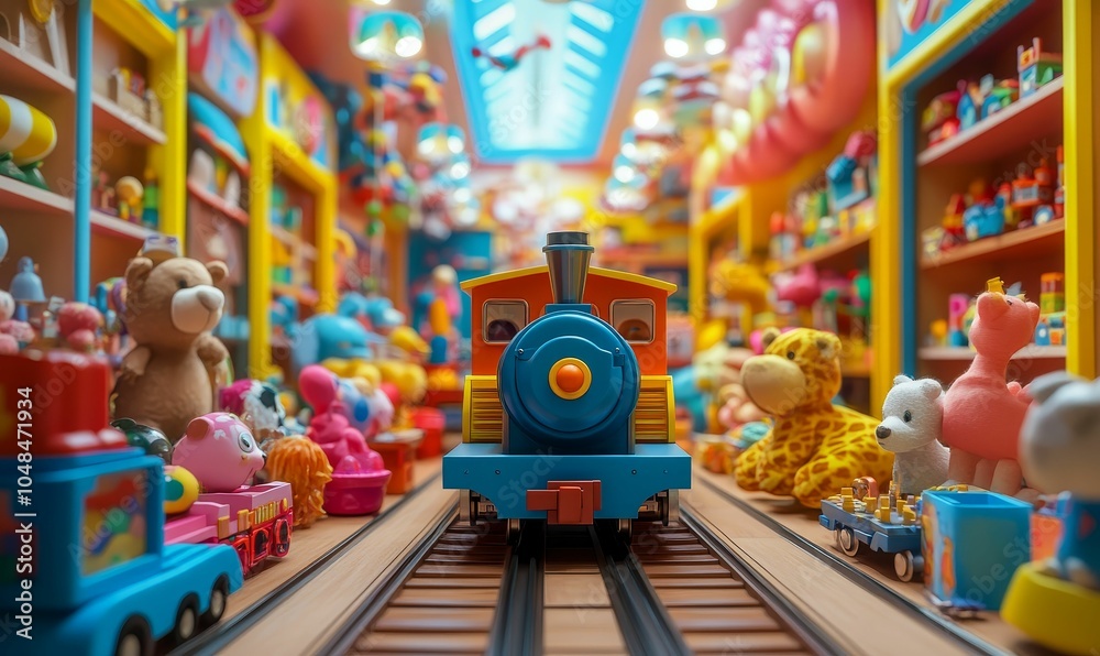 Obraz premium Toy train on tracks in a toy store.