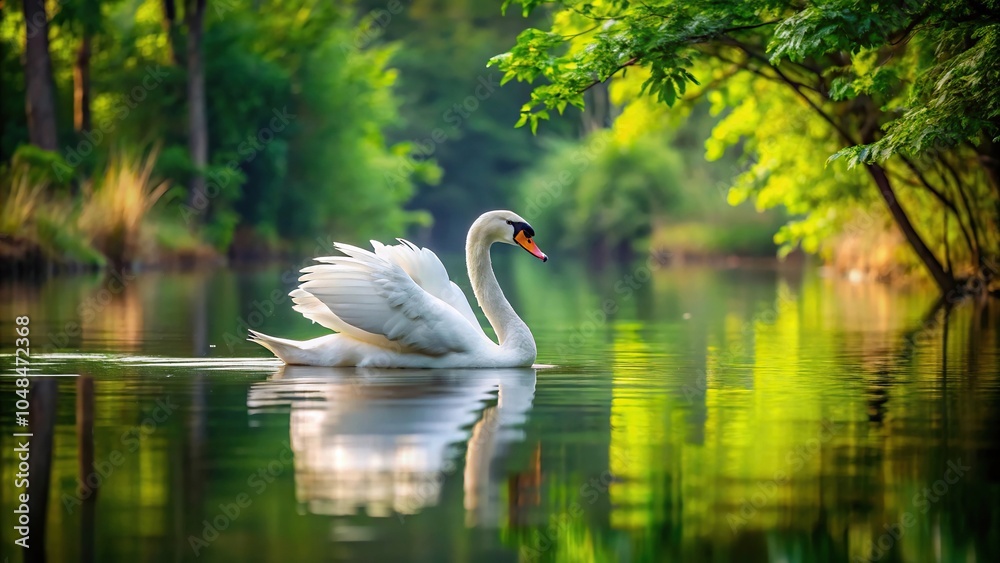 Fototapeta premium Tranquil lake with white swan gliding amidst lush foliage