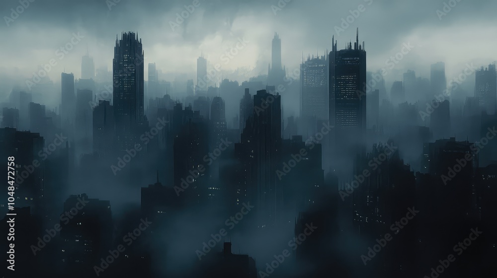 A moody, fog-filled sky with the faint silhouette of a city's skyline barely visible through the mist, creating an eerie urban scene A moody, fog-filled sky with the faint silhouette of a city's skyline barely visible through the mist, creating an eerie urban scene