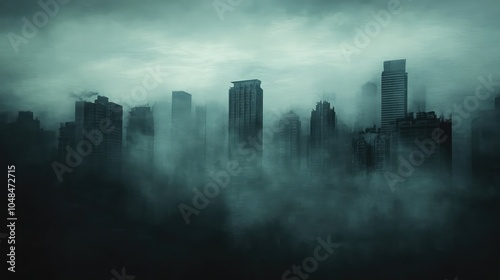 A moody, fog-filled sky with the faint silhouette of a city's skyline barely visible through the mist, creating an eerie urban scene