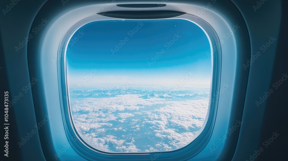 A beautiful blue sky with distant mountains visible below through an airplane window, with light clouds drifting across the horizon A beautiful blue sky with distant mountains visible below through an airplane window, with light clouds drifting across the horizon