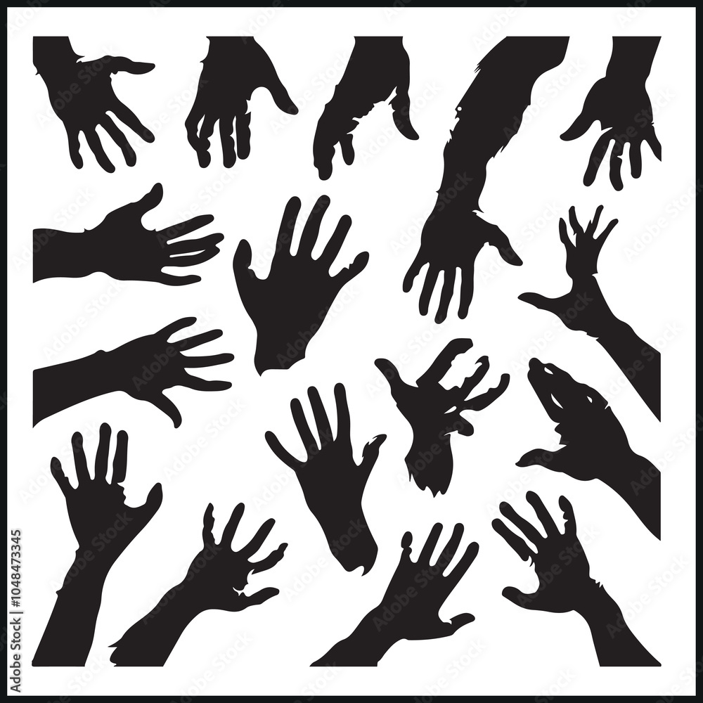 Fototapeta premium Hands Reaching out set silhouette, zombies and ghosts hands