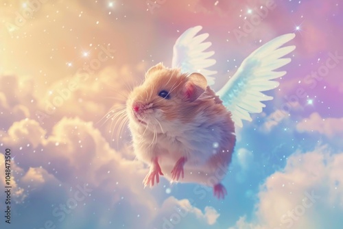 A whimsical flying hamster with angelic wings soaring through pastel clouds during a serene sunrise