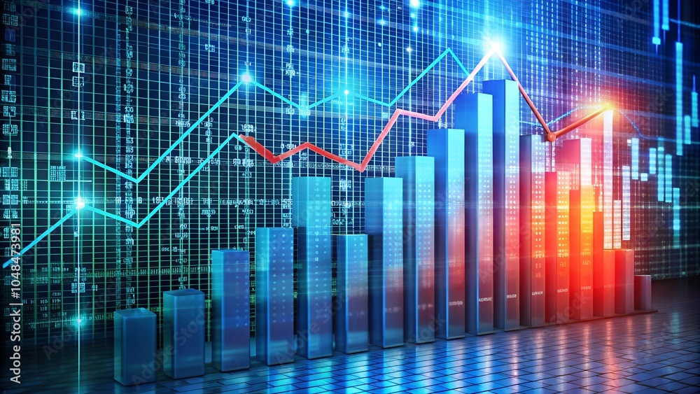 3D bar graph rising and falling against a matrix background, showcasing data analysis. 3D bar graph rising and falling against a matrix background, showcasing data analysis.