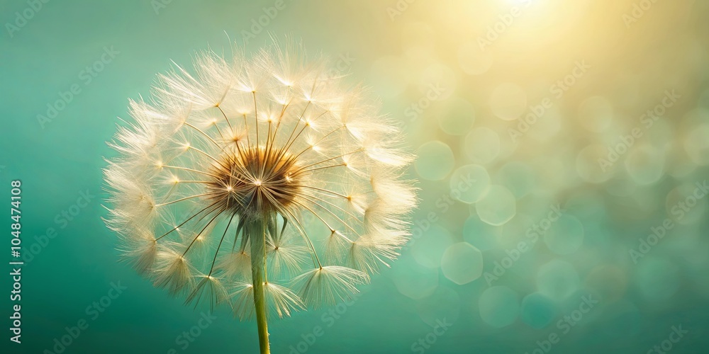 A Delicate Dandelion Seed Head Illuminated by a Warm Glow of Sunlight Against a Soft Teal Background A Delicate Dandelion Seed Head Illuminated by a Warm Glow of Sunlight Against a Soft Teal Background