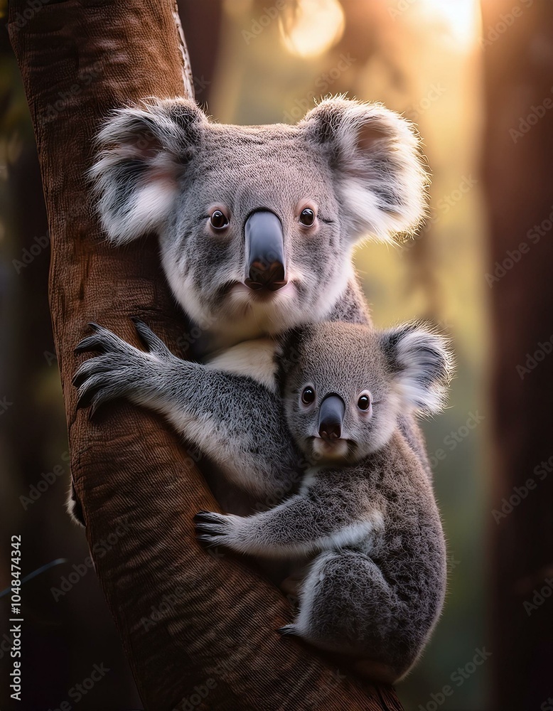 Naklejka premium Un koala junto a su cría en un arbol
