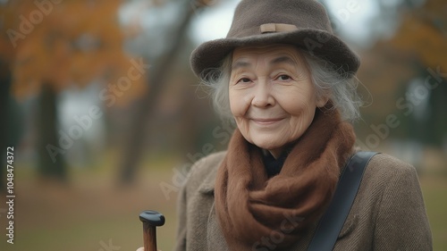 Walking in a park, smiling, an older woman in her 70s with a walking impairment holds the knob of her cane while leaning on a gimp stick. photo