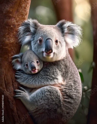 Un koala junto a su cría en un arbol