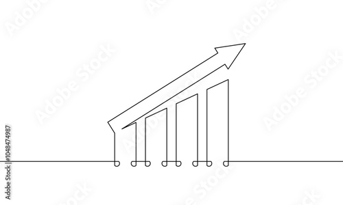 Continuous line drawing of graph. Flat icon of increasing arrow up. Illustration vector of bar chart. Single line art of business growth. Object one line of sign symbol