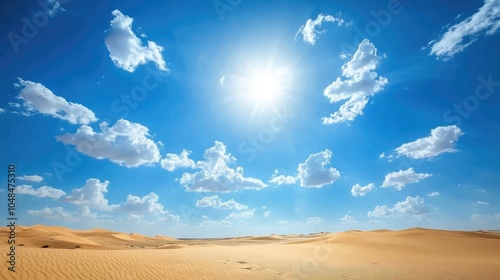 A bright, midday sky over a desert, with the sun high overhead and the sand dunes casting long shadows in the heat