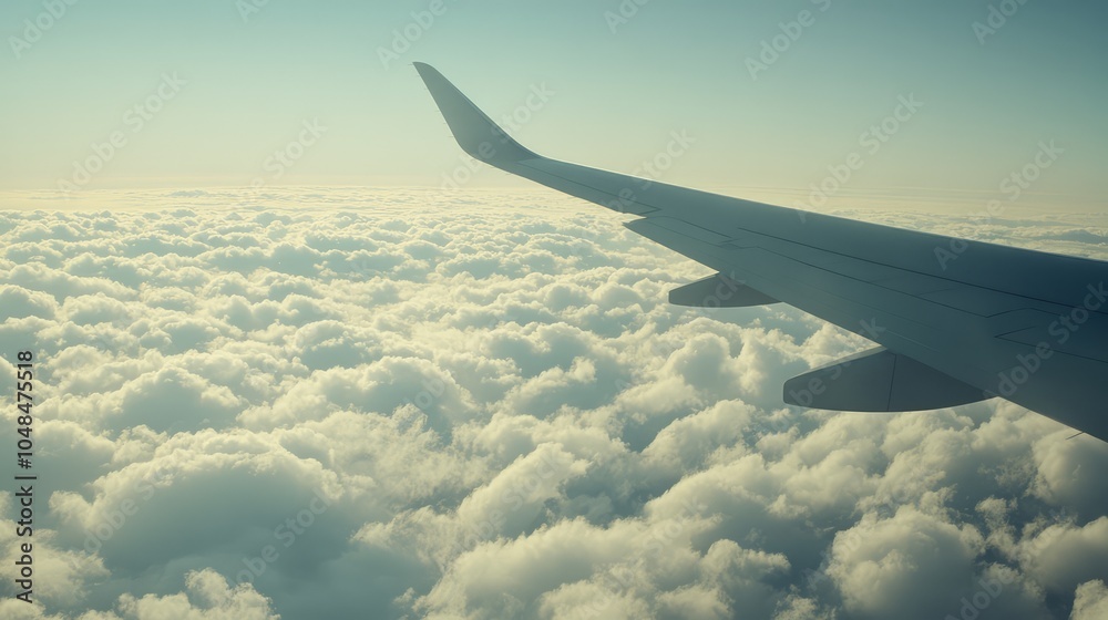 Obraz premium A bright midday view of the sky from an airplane window, with the airplane wing cutting across a sea of white clouds below