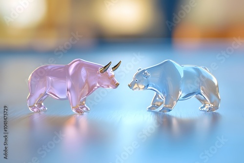 A holographic bull and bear facing each other on a blur background, with ethereal fog lighting photo