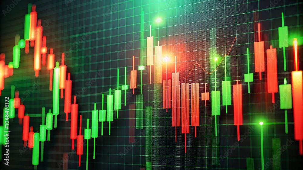 Glowing green and red candlestick chart against a dark backdrop, illustrating market activity. Glowing green and red candlestick chart against a dark backdrop, illustrating market activity.