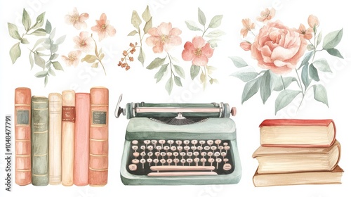 Vintage Typewriter with Books and Floral Illustrations