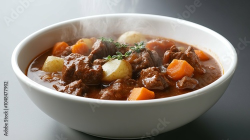 Steaming Bowl of Rich Beef Goulash with Chunks of Potato and Carrots