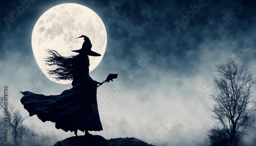 Silluette of witch in front of a full moon.