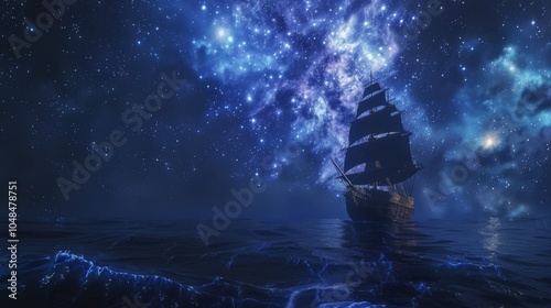 A majestic sailing ship glides through a starlit ocean under a vibrant galaxy backdrop at night