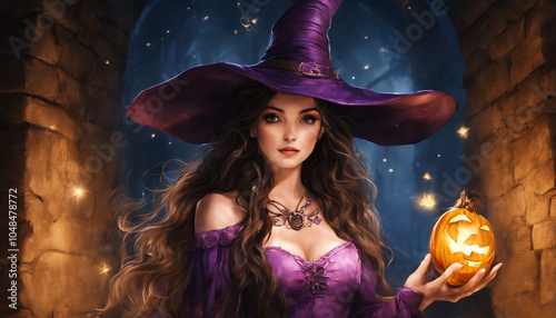 Witch in pointed hat and holds a pumpkin in her hand.