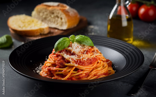 Italian Spaghetti with Tomato Sauce and Basil on Dark Plate, Generative AI