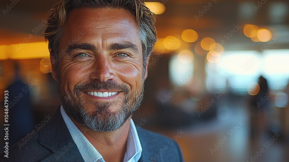 A happy man with a beard and piercing blue eyes smiles warmly in a sophisticated setting. He has light brown hair and wears a stylish suit, suggesting elegance. A happy man with a beard and piercing blue eyes smiles warmly in a sophisticated setting. He has light brown hair and wears a stylish suit, suggesting elegance.