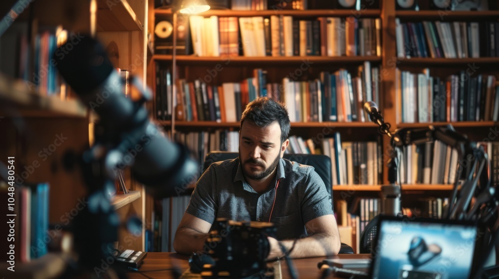 Man Recording a Podcast in a Library Setting Man Recording a Podcast in a Library Setting