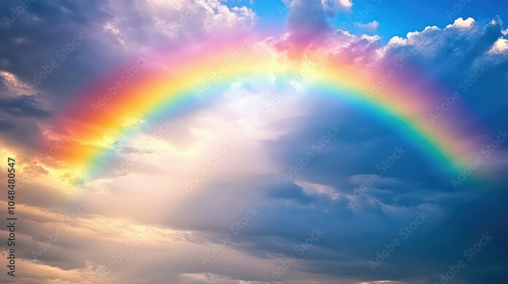 A brilliant rainbow in a cloudy sky after a summer storm, stretching across the horizon with sunlight breaking through A brilliant rainbow in a cloudy sky after a summer storm, stretching across the horizon with sunlight breaking through