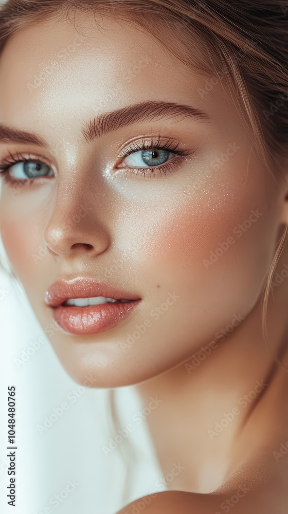 Naklejka premium Close-Up Portrait of a Beautiful Woman with Radiant Skin and Blue Eyes