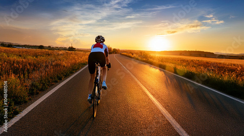Ein Rennrad Fahrer auf der Straße von Hinten fährt in den Sonnenuntergang
