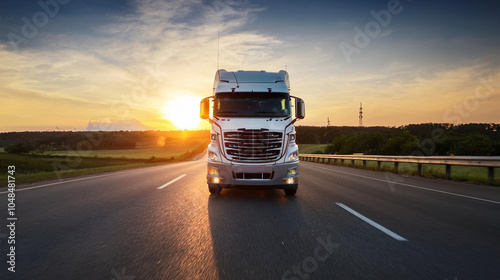 Ein LKW auf der Autobahn bei Sonnenuntergang photo