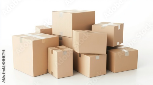 A stack of cardboard boxes, sealed with tape, on a white background.