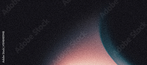 Fototapeta Naklejka Na Ścianę i Meble -  Dark grainy background, pink blue glowing abstract shape, black noise texture backdrop wide banner poster header cover wallpaper design