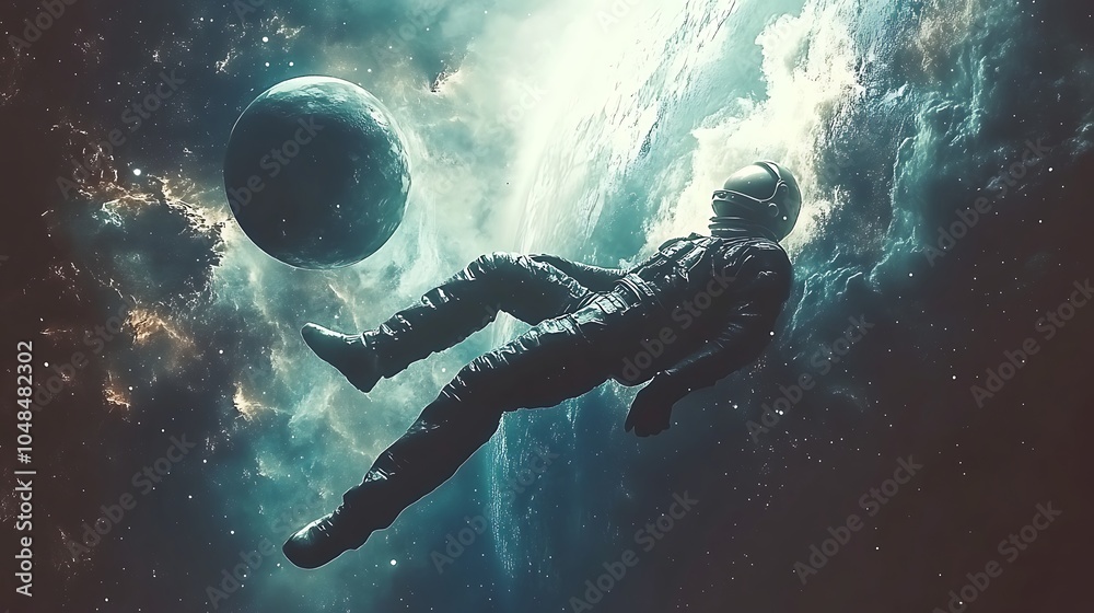 Fototapeta premium Astronaut Floating in Cosmic Space Scene