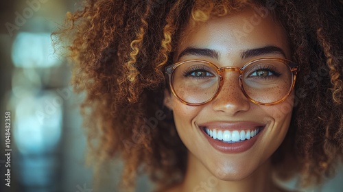 A cheerful woman of african descent with curly hair is smiling broadly, showcasing her radiant smile and playful personality in a softly blurred background. photo