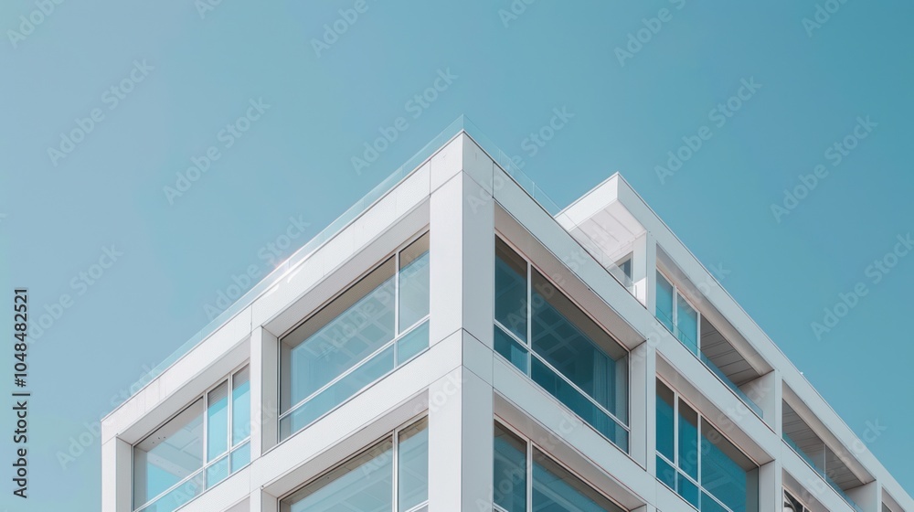 Modern White Building with Glass Windows and Balconies Against a Blue Sky Modern White Building with Glass Windows and Balconies Against a Blue Sky