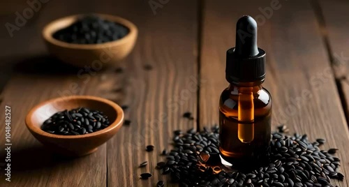A rustic tabletop scene showcasing a small amber glass bottle of black seed oil with a dropper cap, surrounded by a scattering of black seeds on a wooden surface