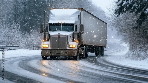 Semi-Truck Navigating a Snowy Curve on a Winter Road