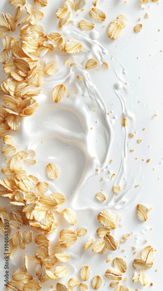 Obraz premium Falling oat flakes with milk splash on white background,Rolled oats falling into splashing milk,Dried oat plant Organic vegan liquid,Healthy breakfast meal,milkshake,yogurt spiral,diet drink.