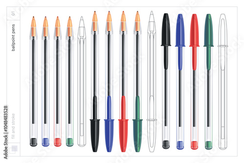 Ballpoint pens. Vector illustration. Fill and stroke.