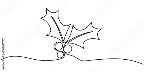 One line drawing holly berry leaves. Modern continuous line art, aesthetic contour. Christmas plant in continuous line drawing style. Line art of holly leaves with berry. Vector illustration.