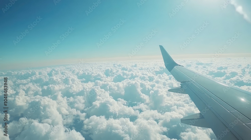 A clear blue sky with soft white clouds seen from an airplane window, with the wingtip visible against the vast horizon A clear blue sky with soft white clouds seen from an airplane window, with the wingtip visible against the vast horizon