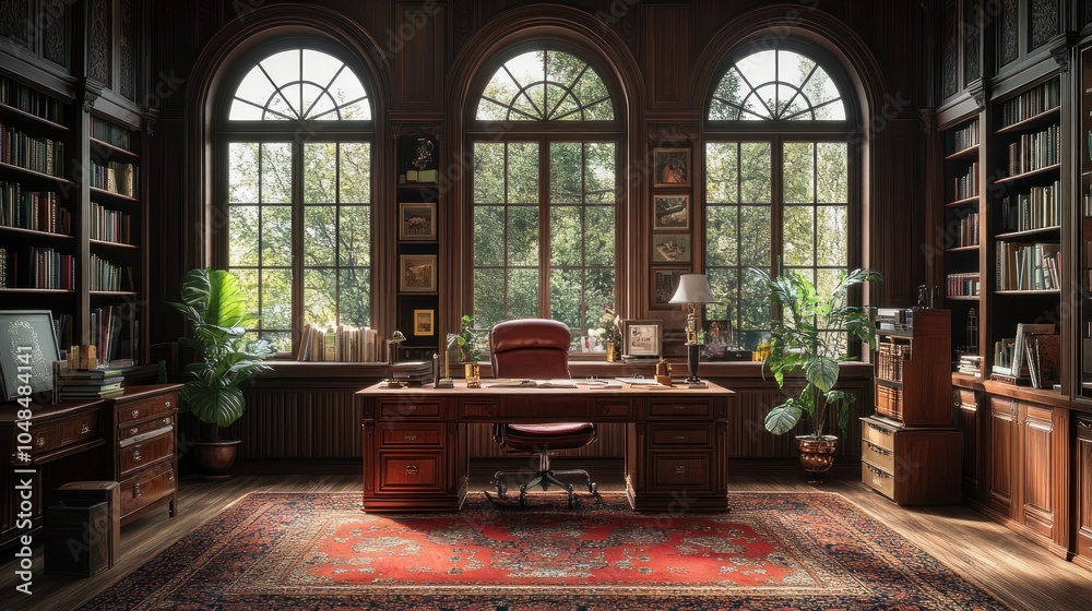 A classic home office with a wooden desk, leather chair, and bookshelves filled with books. Natural light floods in through large windows. A classic home office with a wooden desk, leather chair, and bookshelves filled with books. Natural light floods in through large windows.